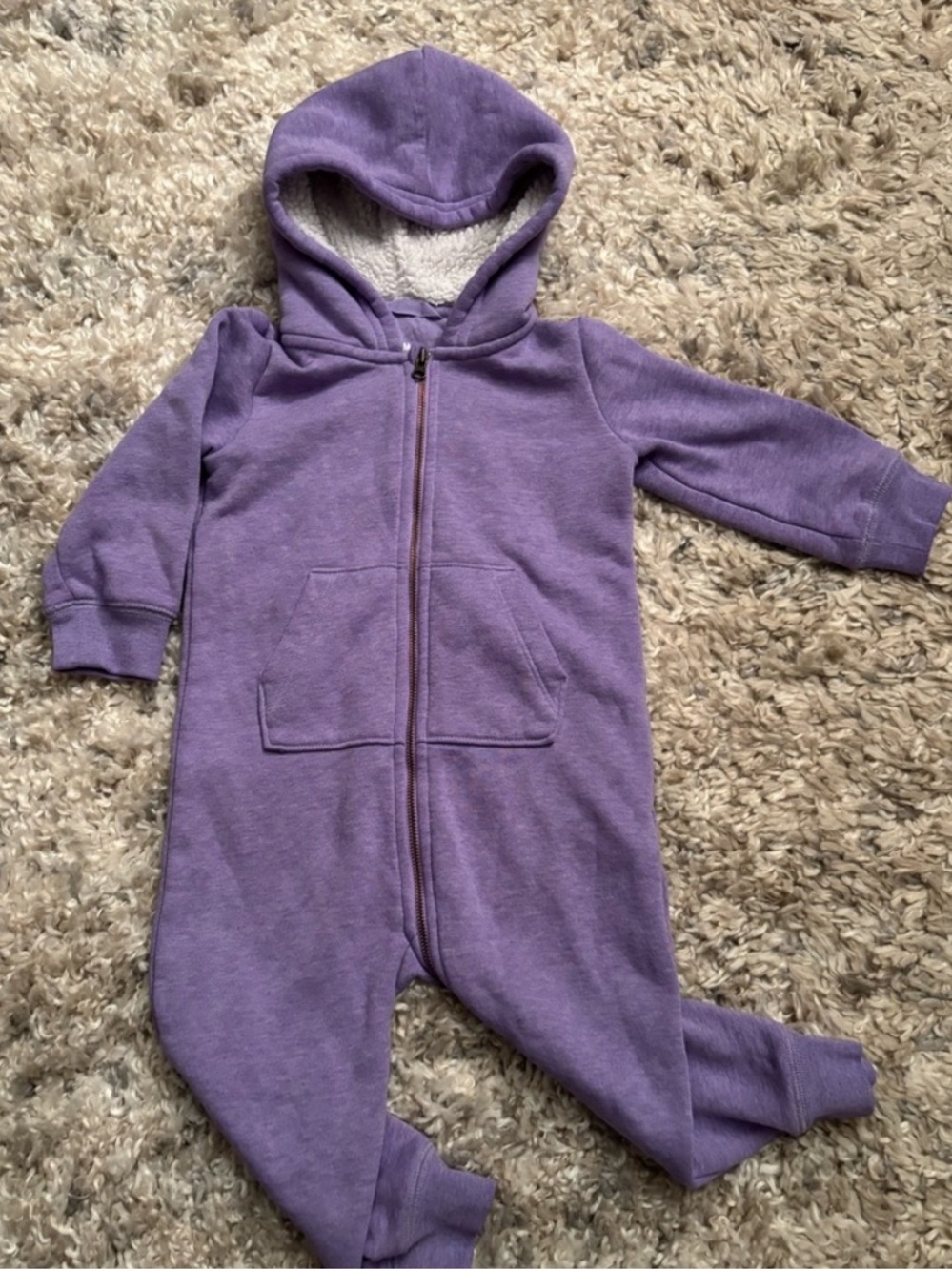 Primary Purple Hooded One-Piece Zip Romper | 12-18m